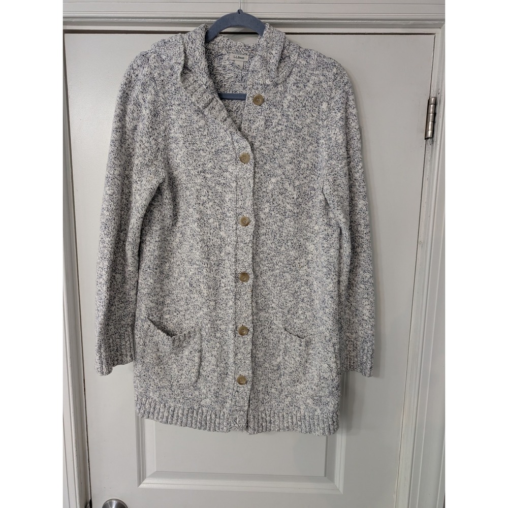 L.L. Bean Womens‎ Blue White Marled Cotton Hooded Cardigan Sweater Medium